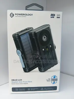Powerology Helio Lux 20,000MaH MagSafe Solar Power Bank in Black.
