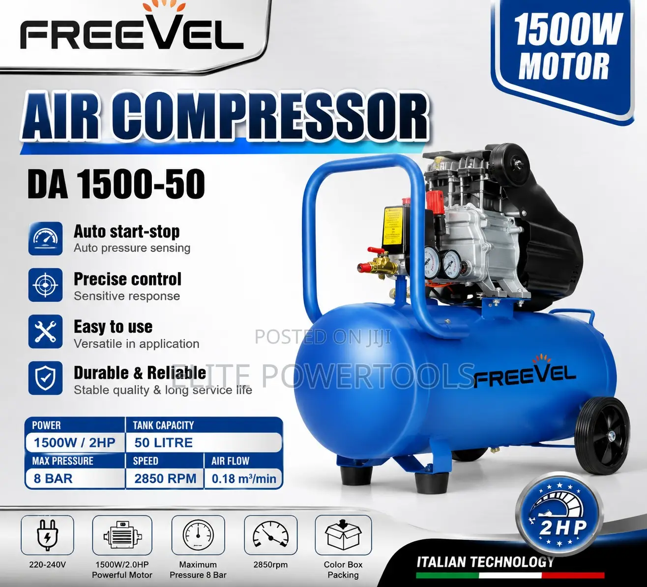 Freevel 50l 2hp Oil-Free Air Compressor 1500w