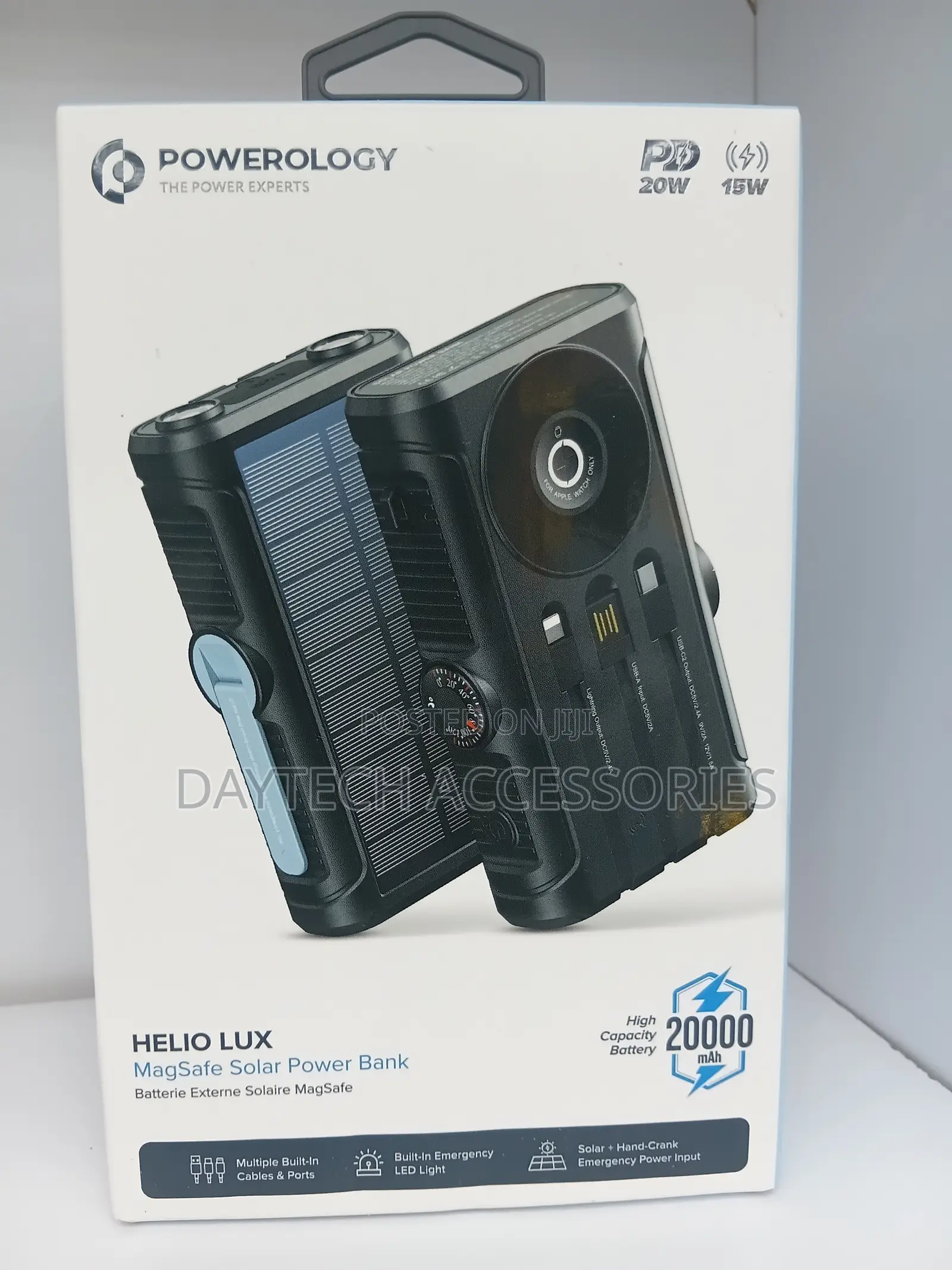 Powerology Helio Lux MagSafe Solar Power Bank (20,000 mAh) in Black.