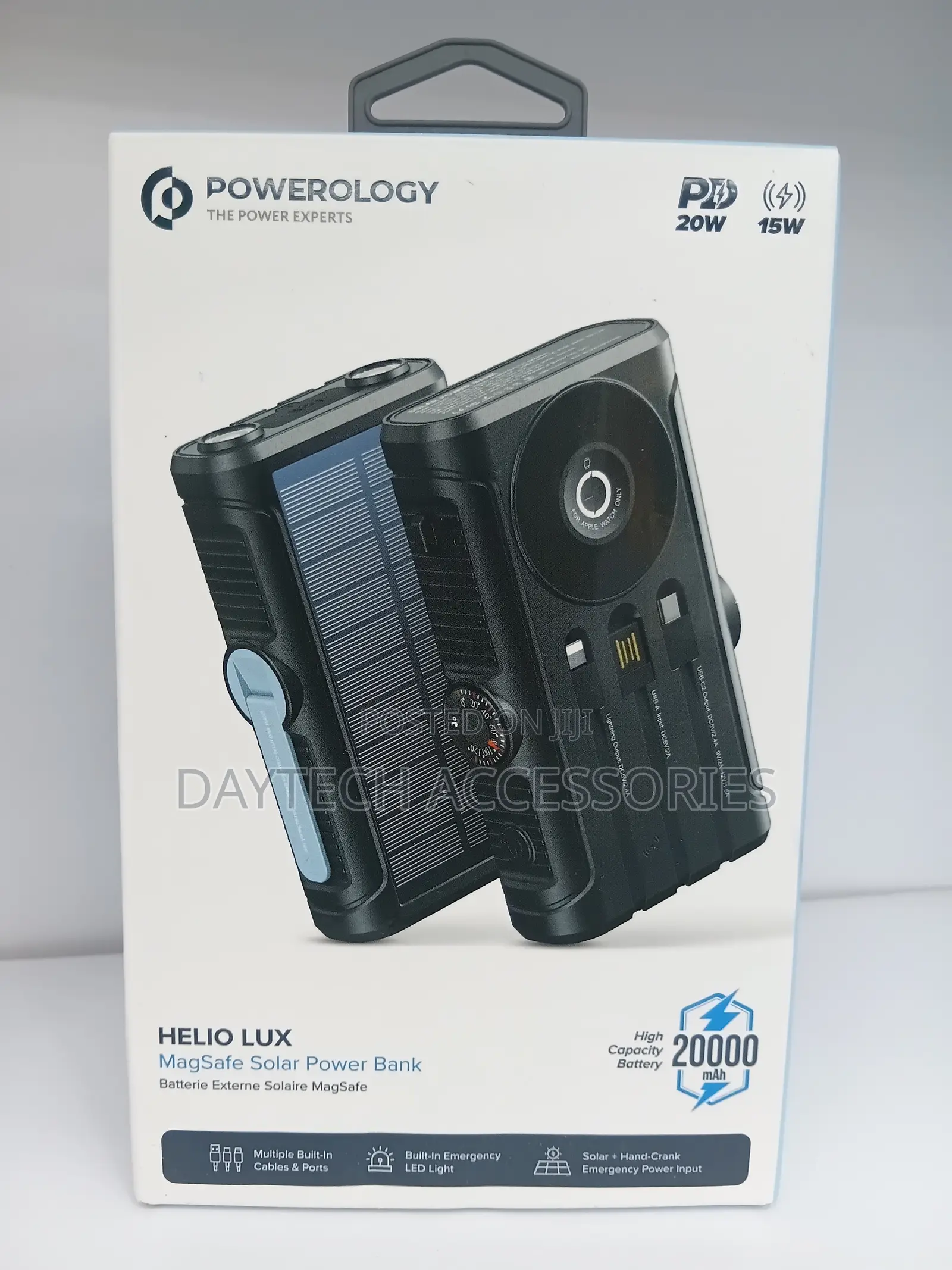 Powerology Helio Lux MagSafe Solar Power Bank (20,000 mAh) in Black.