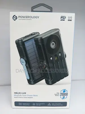 Powerology Helio Lux MagSafe Solar Power Bank (20,000 mAh) in Black.