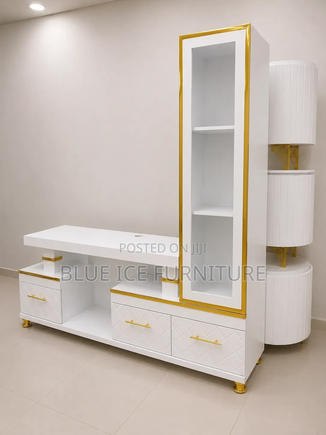 Modern White TV Stand With Display Shelf