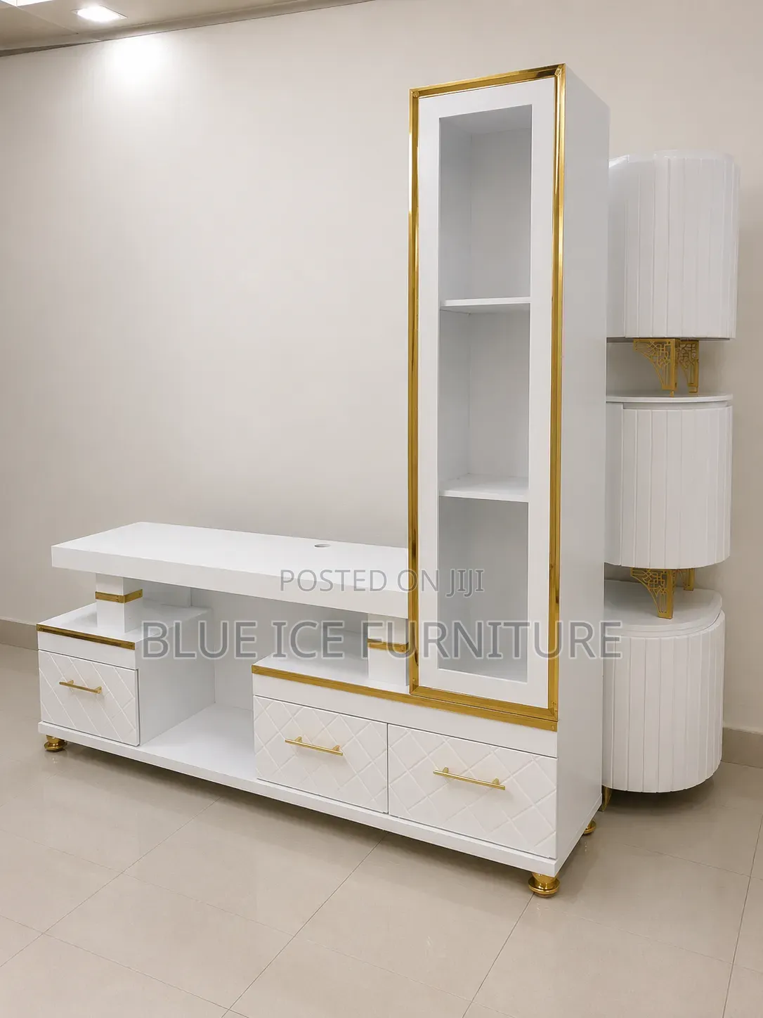 Modern White TV Stand With Display Shelf
