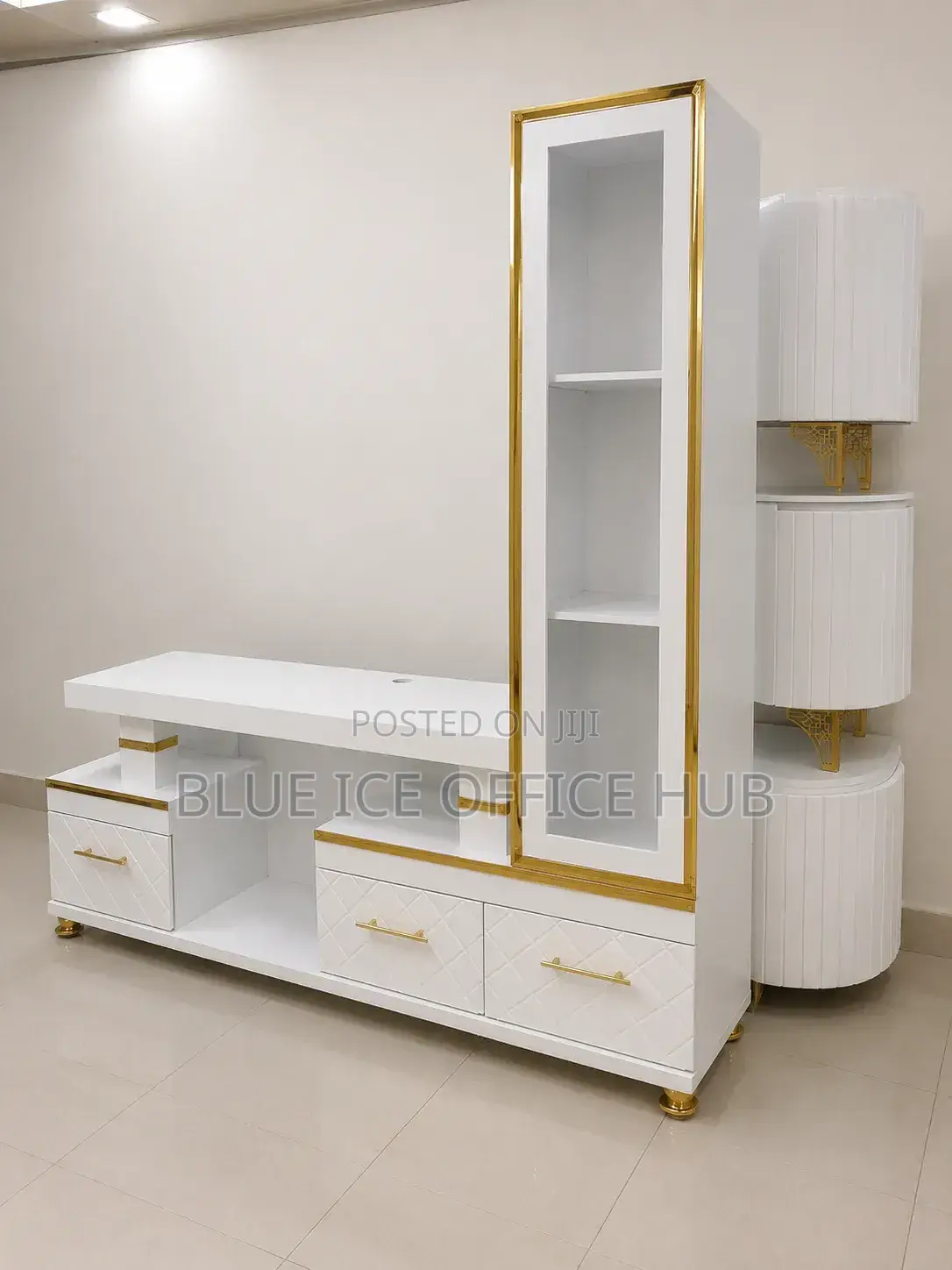 Modern White TV Stand With Display Shelf