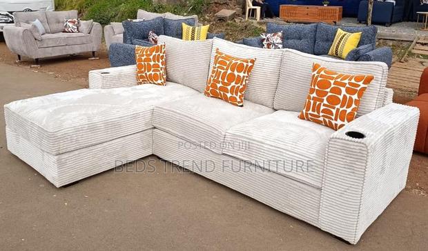 6-Seater L Seat Beige Corduroy With Cup Holders