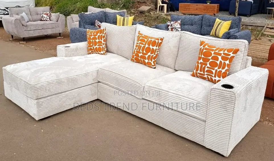 6-Seater L Seat Beige Corduroy With Cup Holders