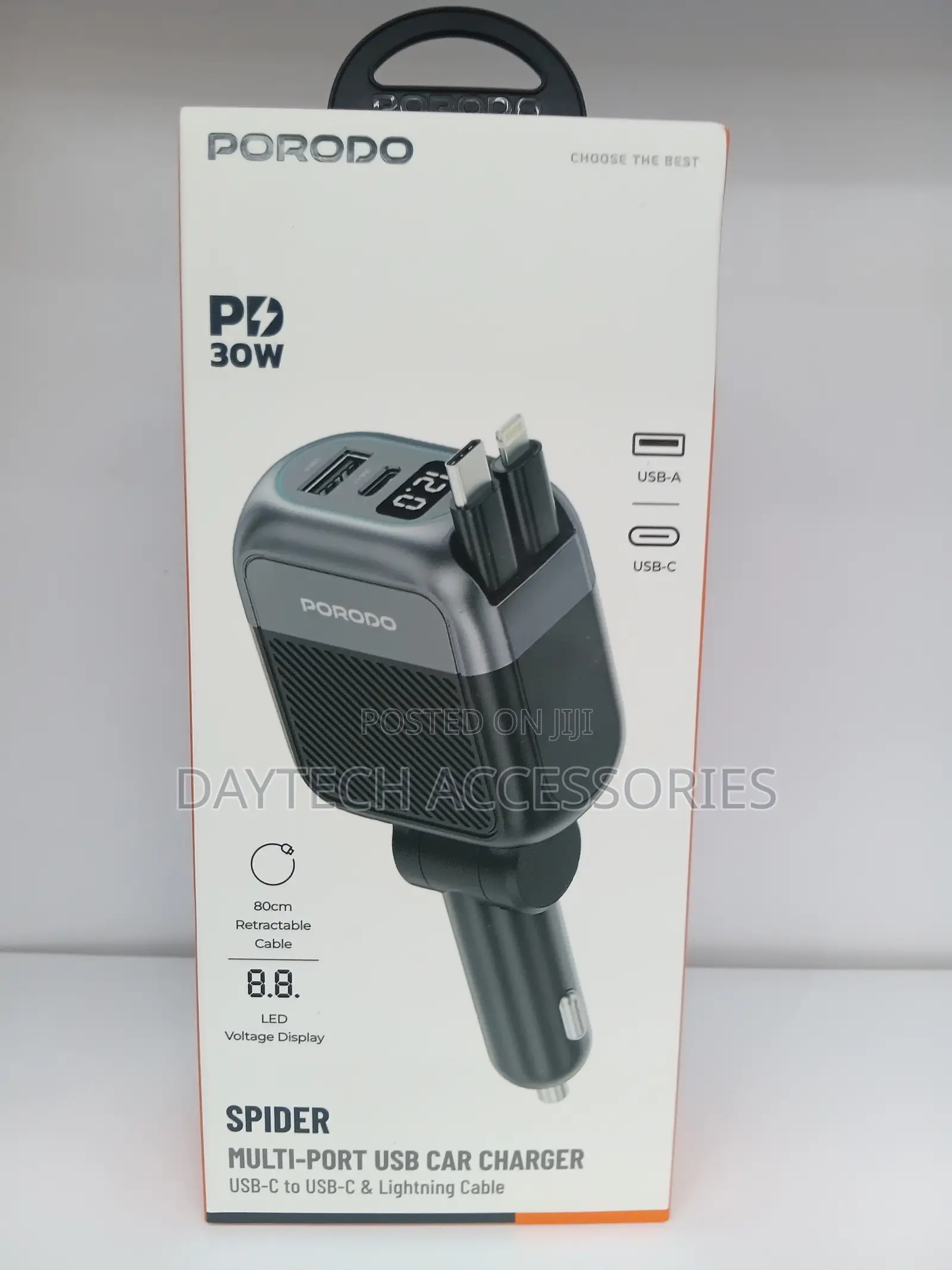 This Is a Porodo Spider Multi-Port Car Charger 30W Power Delivery.