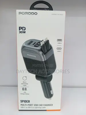 This Is a Porodo Spider Multi-Port Car Charger 30W Power Delivery.