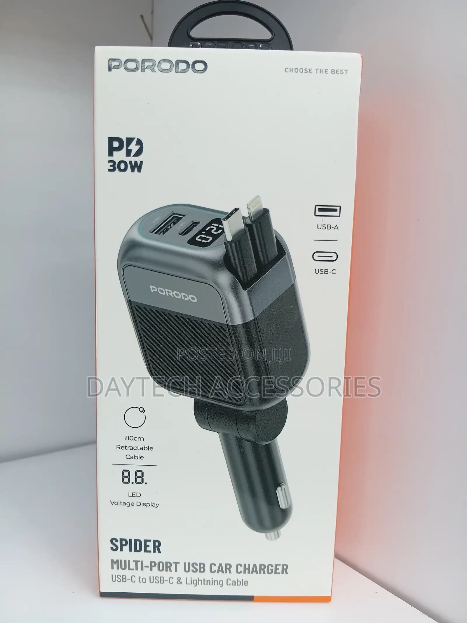 This Is a Porodo Spider Multi-Port Car Charger 30W Power Delivery.