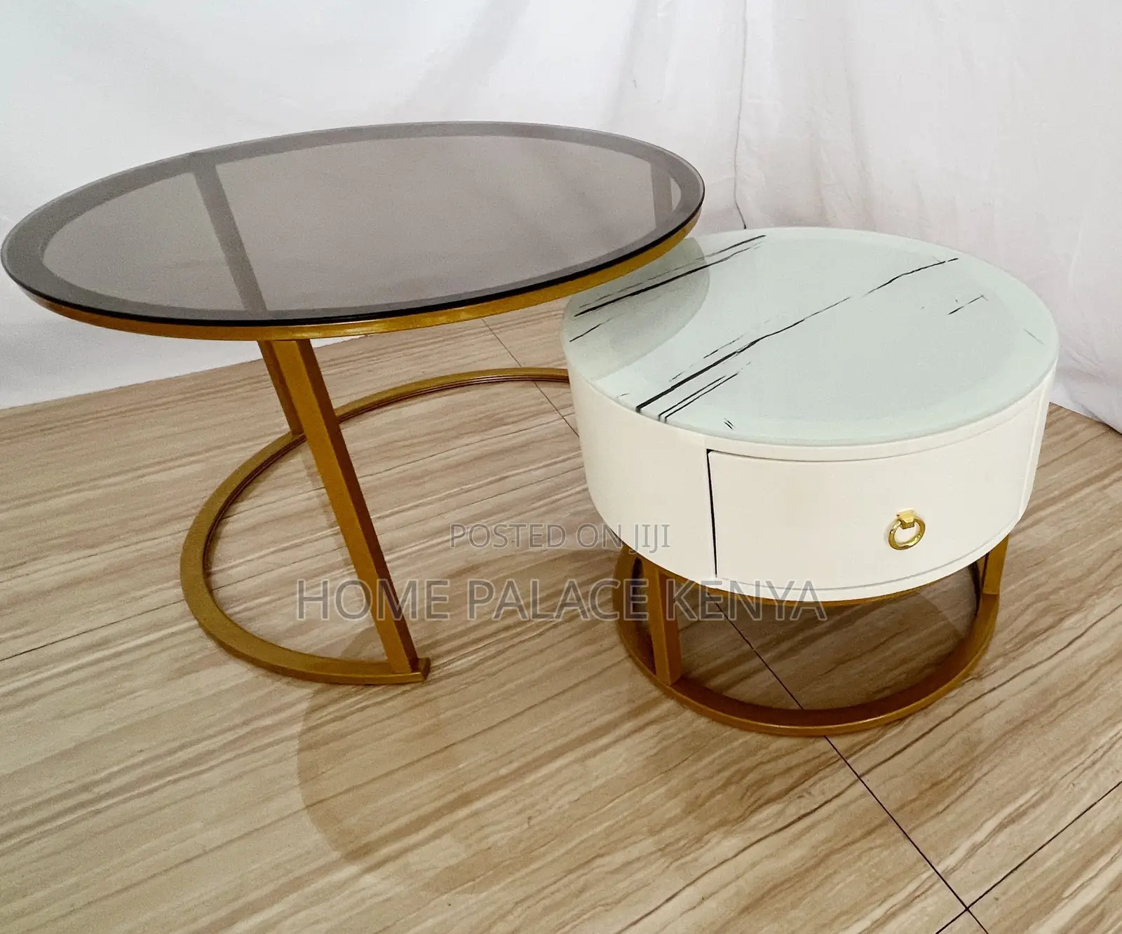 Coffee Table: Gold Plated Glass and Marble Nesting Tables
