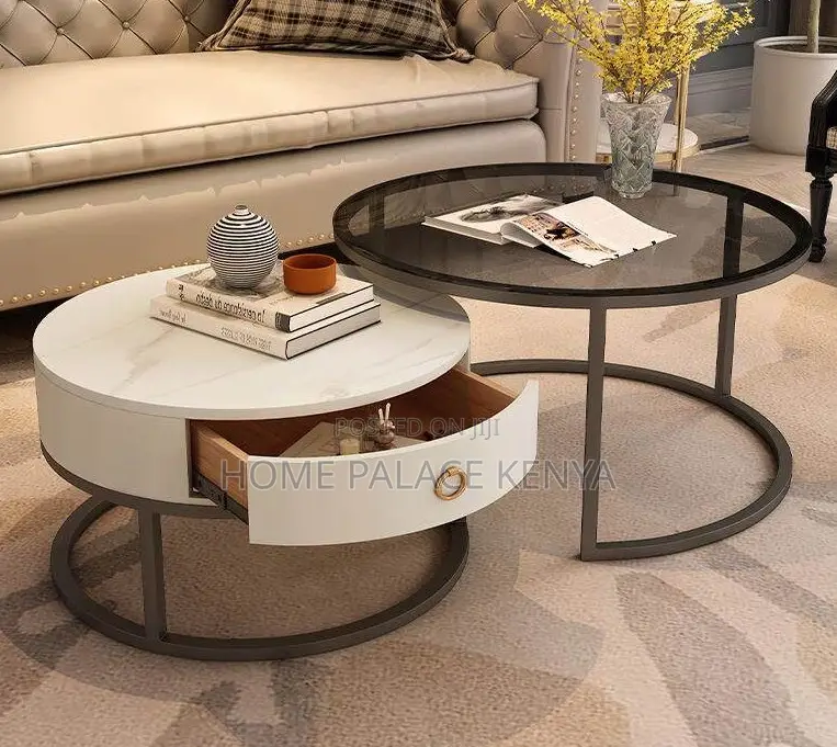 Coffee Table: Gold Plated Glass and Marble Nesting Tables