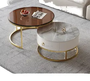 Coffee Table: Gold Plated Glass and Marble Nesting Tables