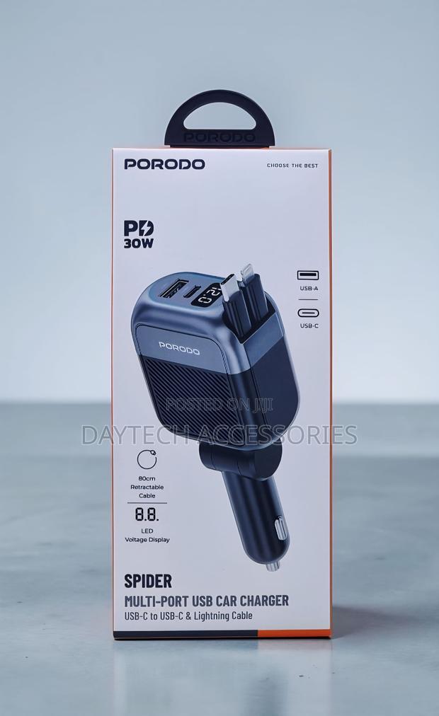 Porodo Spider Multi-Port Car Charger 30W Built-in Retractable Cable.