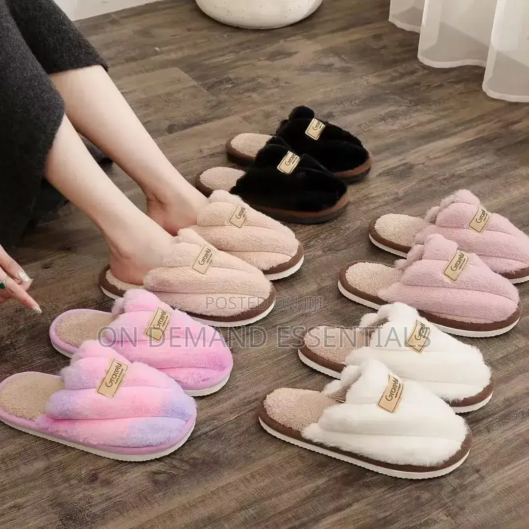 Flat Heel Home Cotton Slippers Women Pink Soft Fluffy Warm Fur