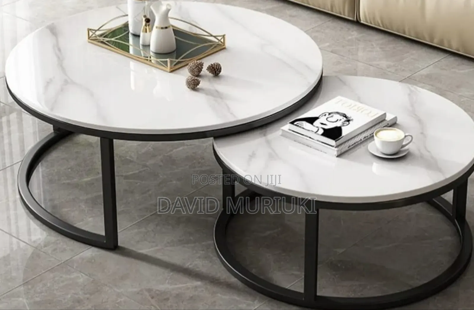 Modern Luxury 2in1 Pure Marble Nesting Tables With Black Stand.