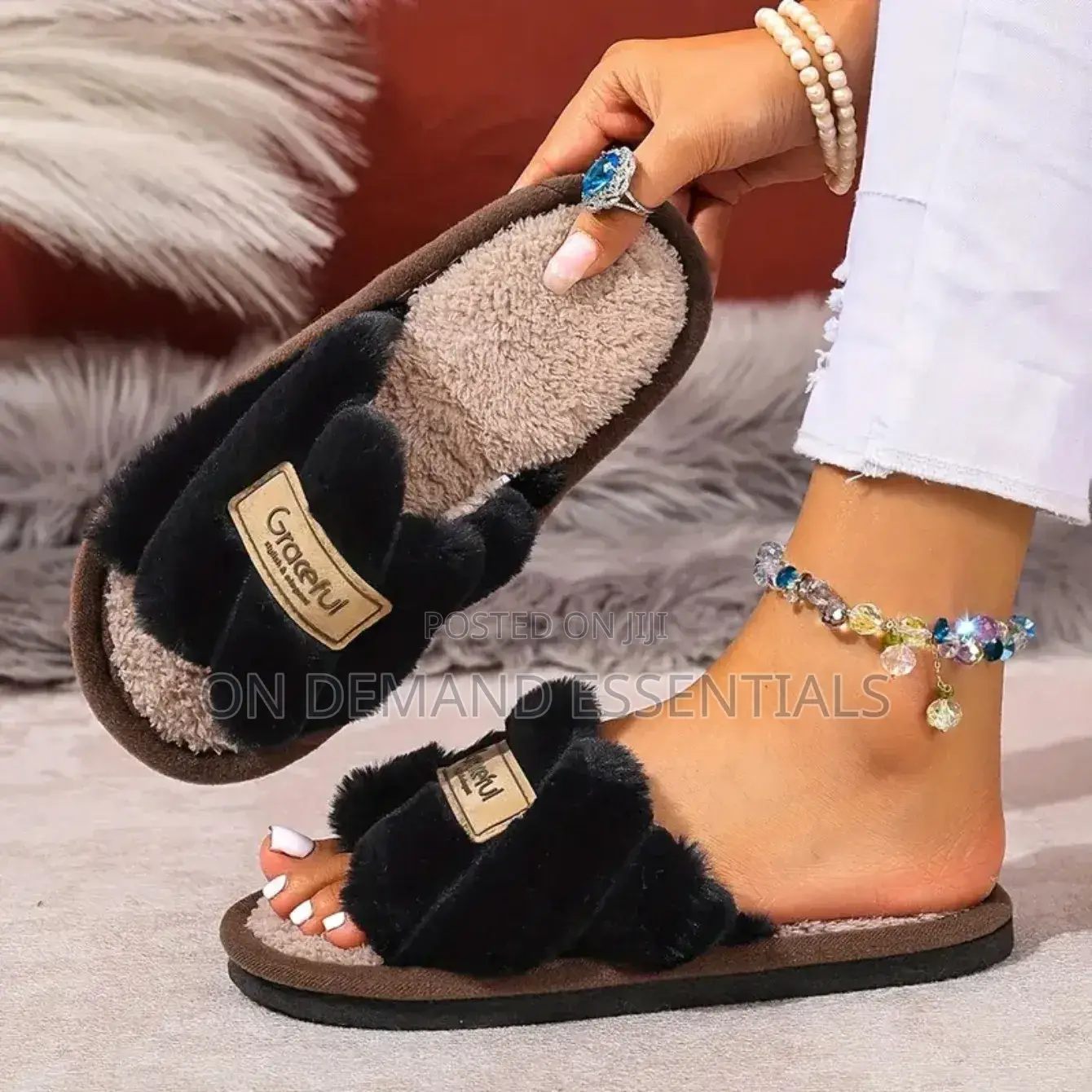 1Pair Casual Open Toe Fluffy Slippers Soft Sole Non-Slip