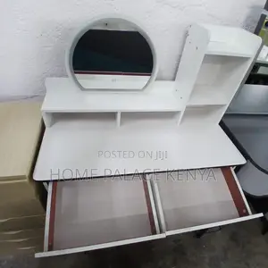 Vanity Table: White Vanity With Round Mirror and Metal Stand