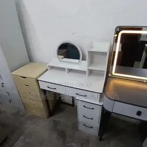 Vanity Table: White Vanity With Round Mirror and Metal Stand