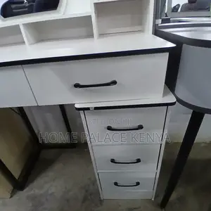 Vanity Table: White Vanity With Round Mirror and Metal Stand