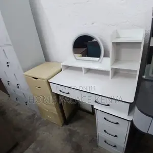 Vanity Table: White Vanity With Round Mirror and Metal Stand