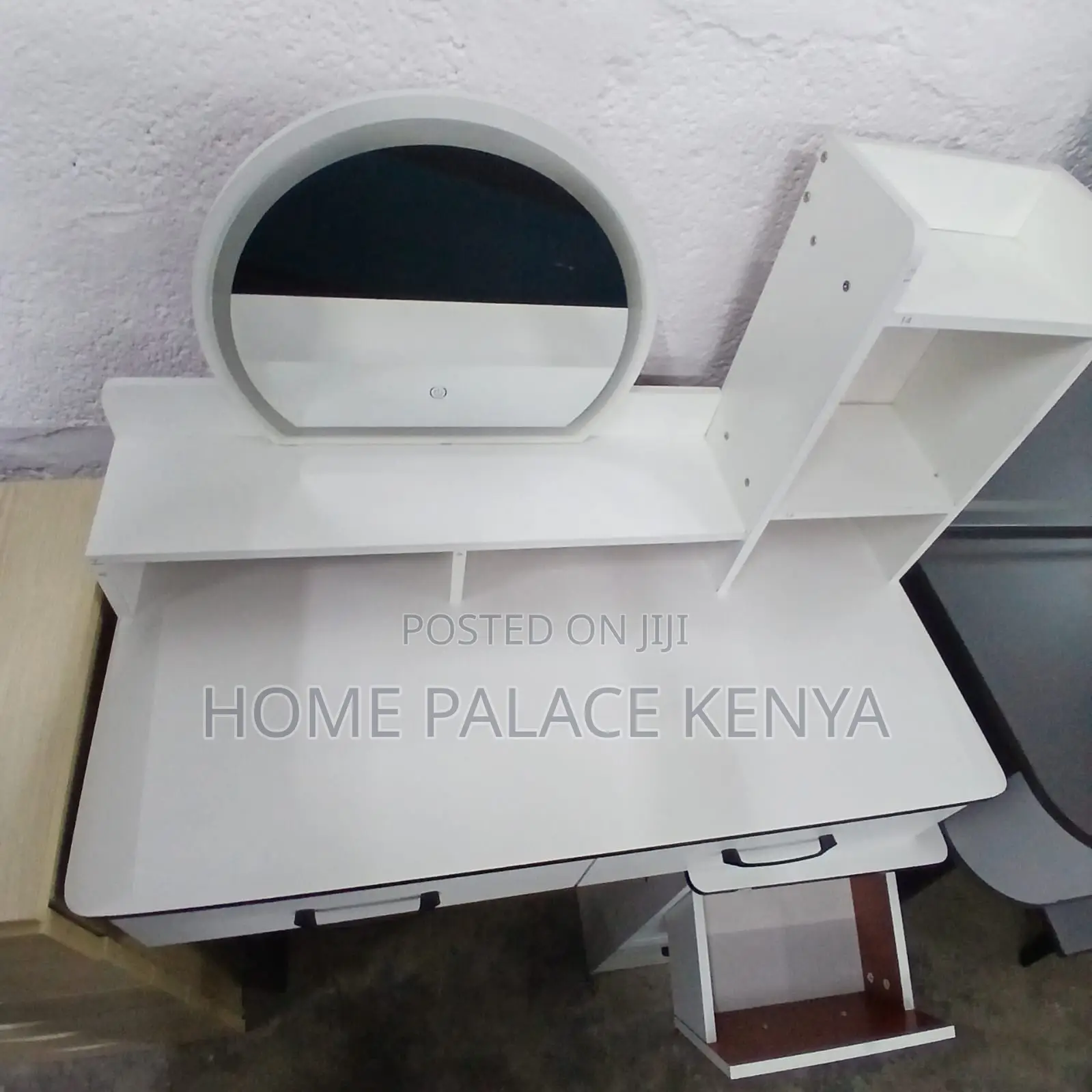 Vanity Table: White Vanity With Round Mirror and Metal Stand