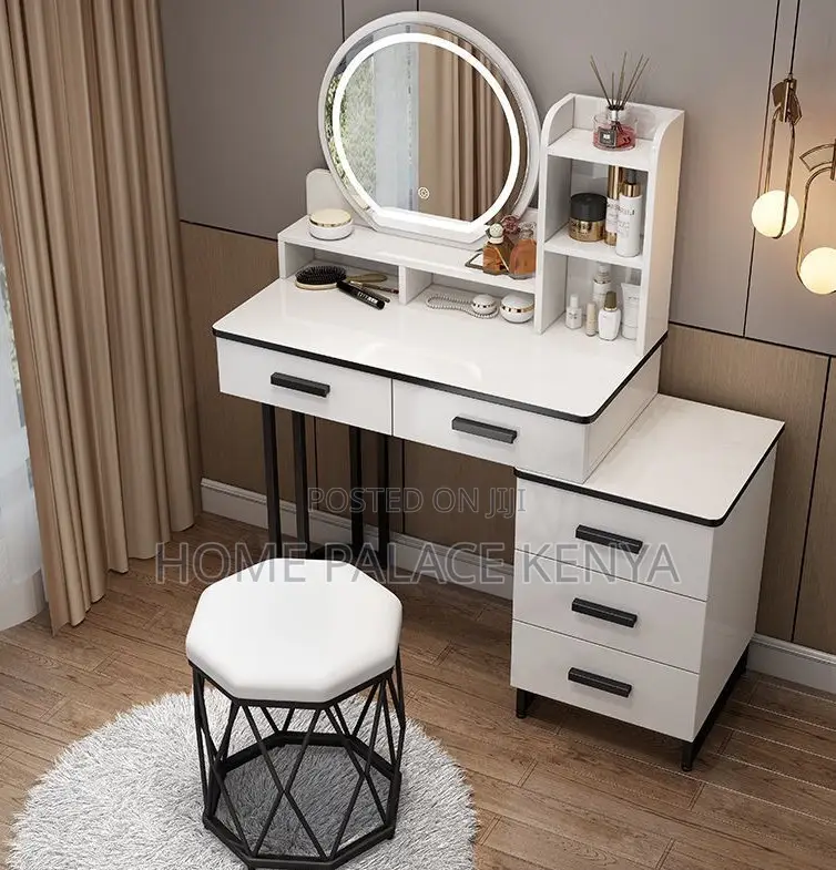 Vanity Table: White Vanity With Round Mirror and Metal Stand