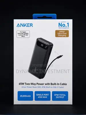 Anker Power Bank 20,000mAh, 87W Built-in USB-C Cable 65w Two Way