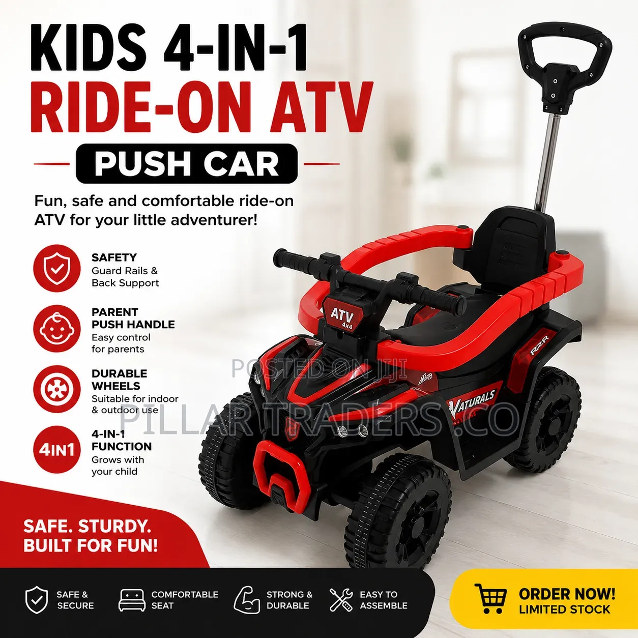 Kids 4-in-1 Ride-on ATV Push Car With Parent Handle
