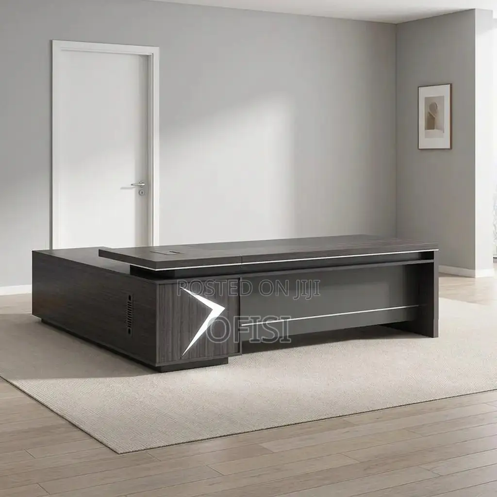 Office Desk; Modern L-Shape Executive Desk With Wood Sled Base