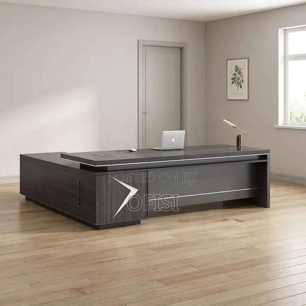 Office Desk; Modern L-Shape Executive Desk With Wood Sled Base