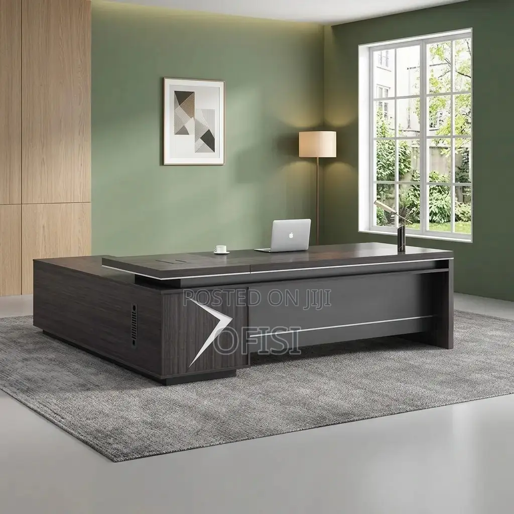 Office Desk; Modern L-Shape Executive Desk With Wood Sled Base