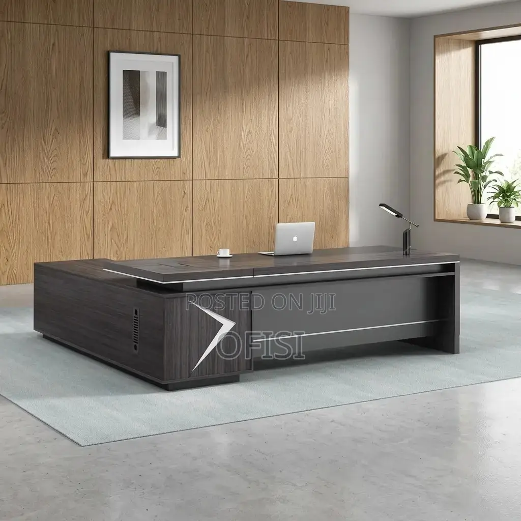 Office Desk; Modern L-Shape Executive Desk With Wood Sled Base