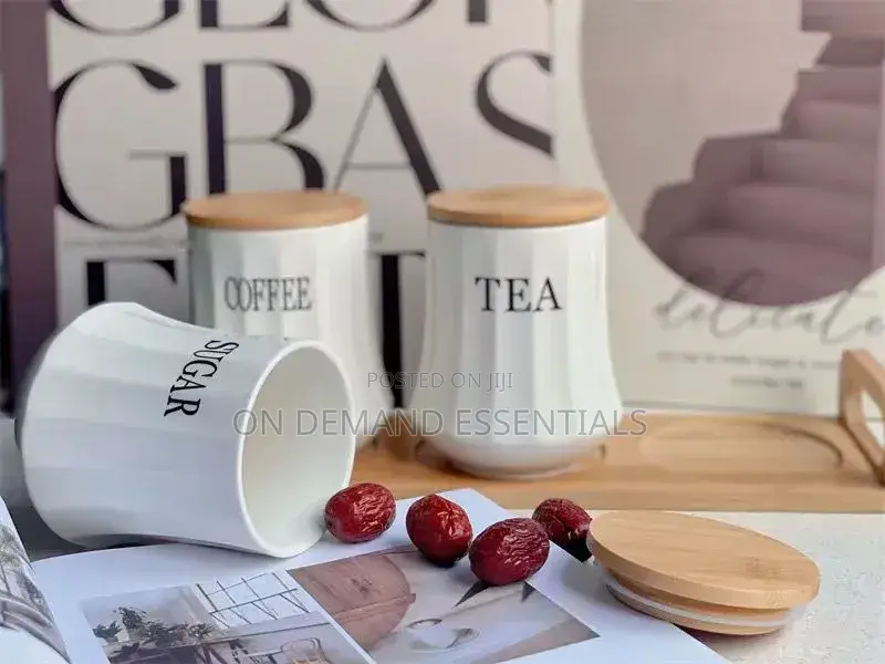 Ceramic Tea Coffee Sugar Canister With Bamboo Lid