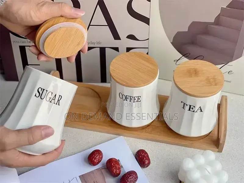 Ceramic Tea Coffee Sugar Canister With Bamboo Lid