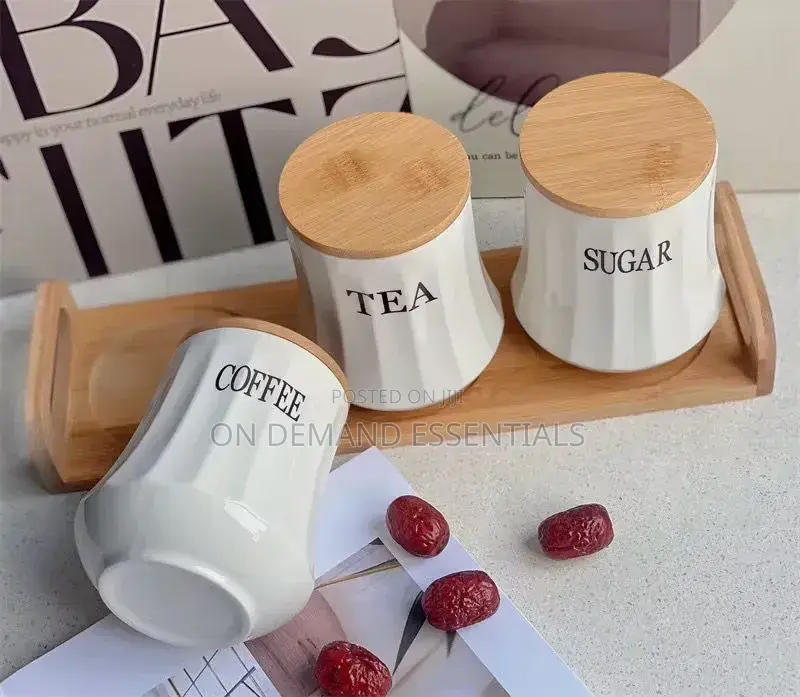 Ceramic Tea Coffee Sugar Canister With Bamboo Lid
