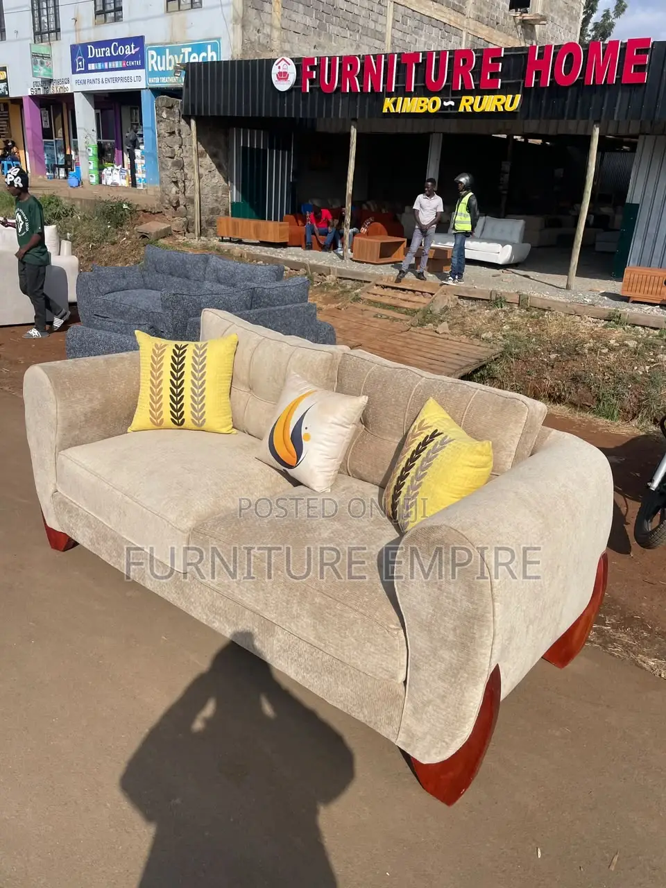 3-Seater Mahogany Finish Sofa Beige Cushions