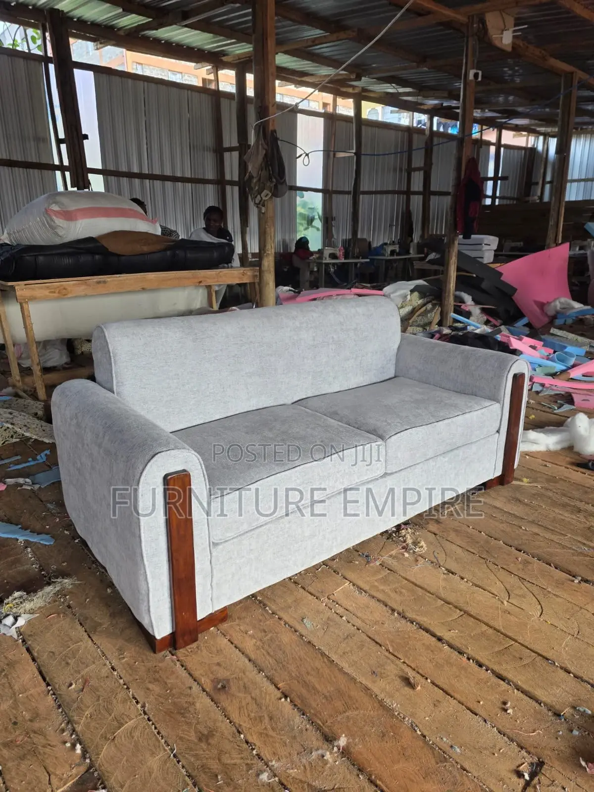 3-Seater Grey Sofa Wooden Accents