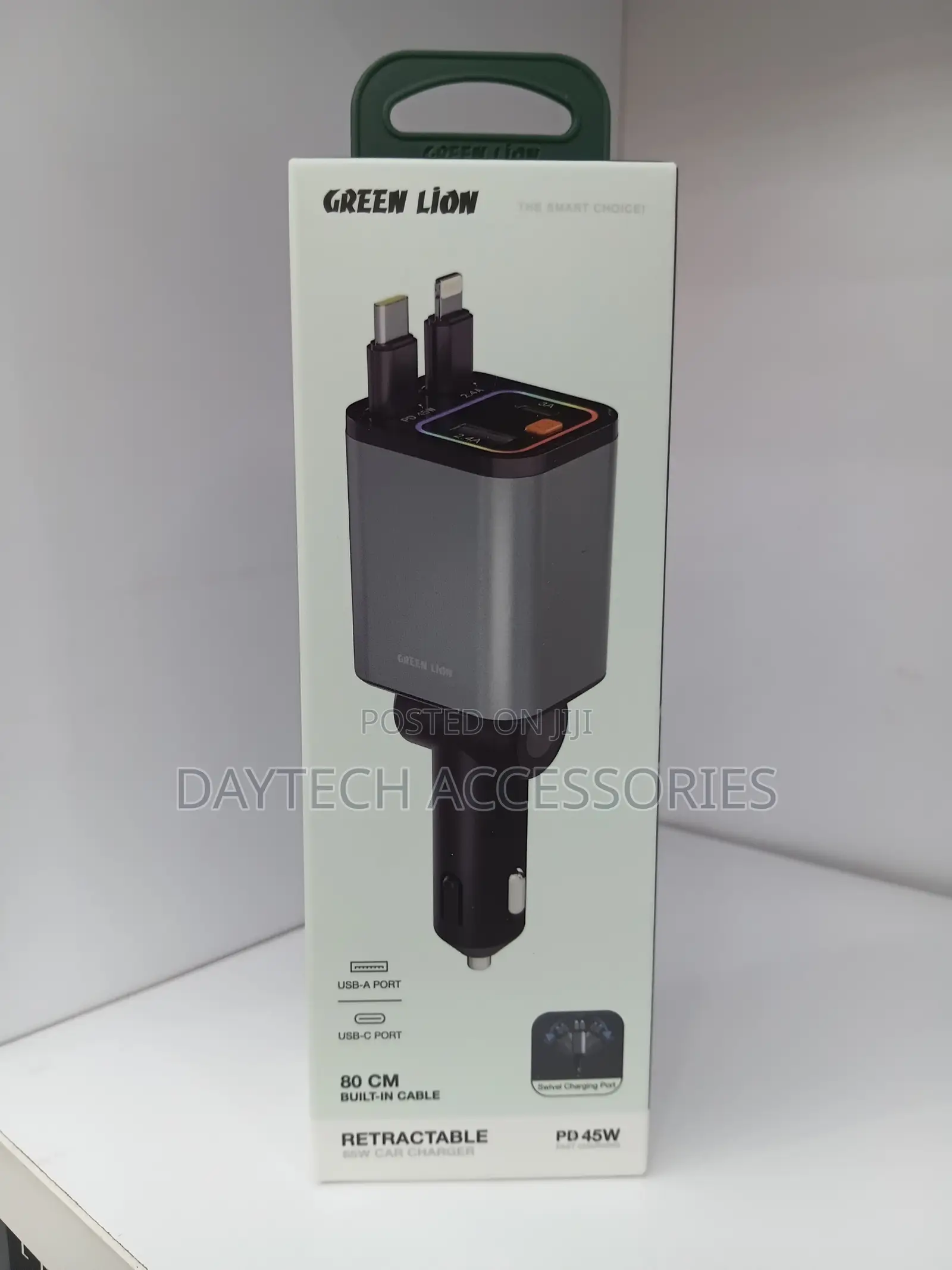 This Is a Green Lion Retractable Cables 45W PD Car Charger in Grey.