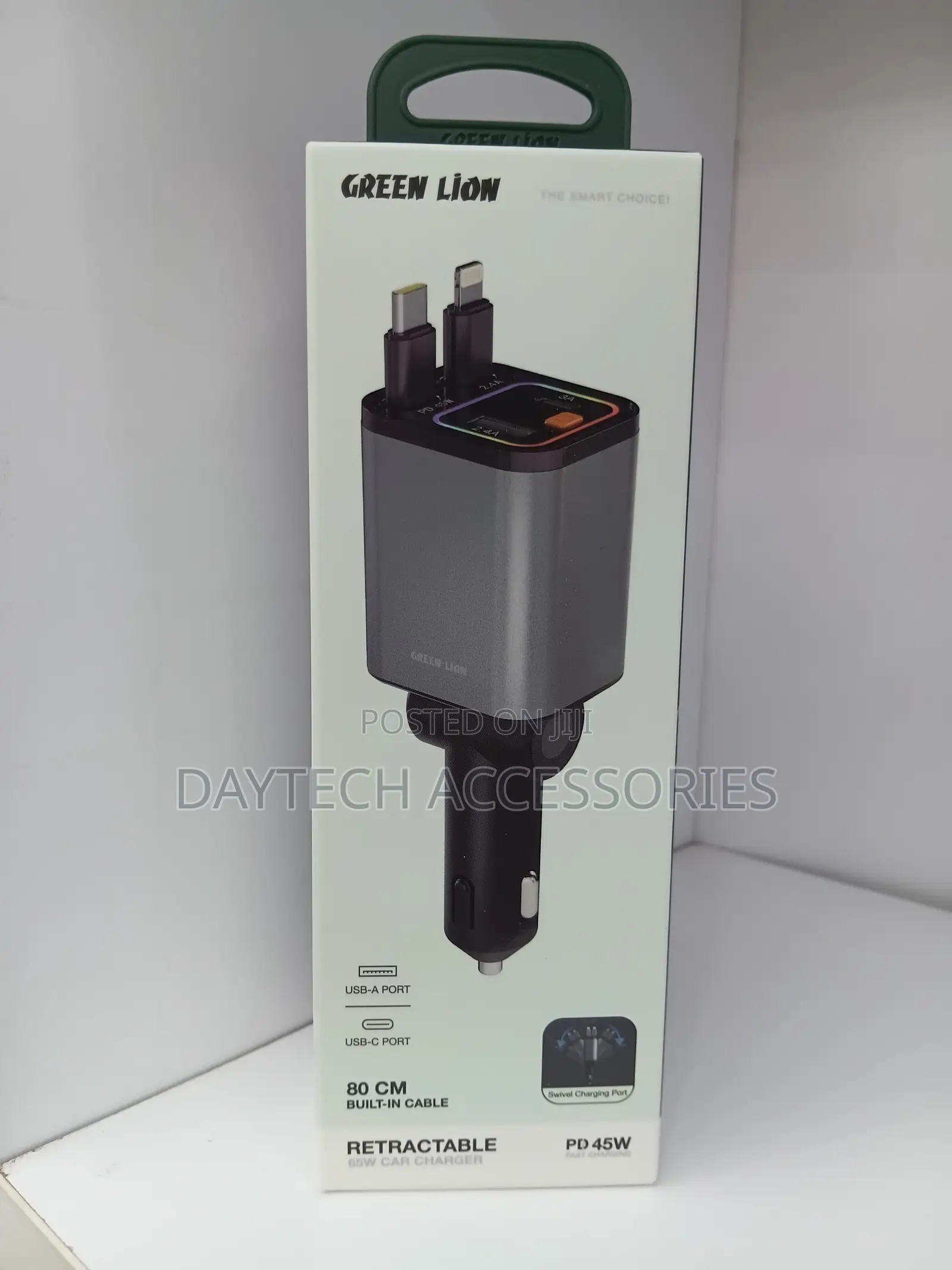 This Is a Green Lion Retractable Cables 45W PD Car Charger in Grey.