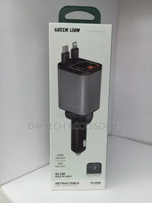 This Is a Green Lion Retractable Cables 45W PD Car Charger in Grey.