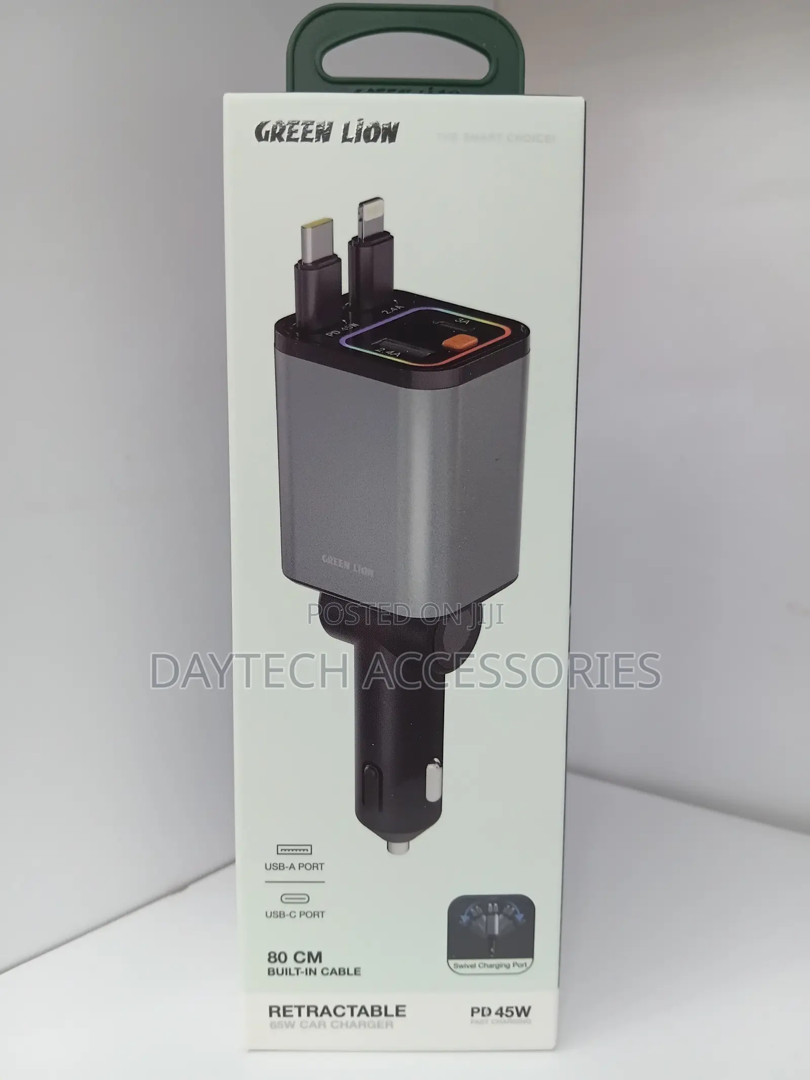 This Is a Green Lion Retractable Cables 45W PD Car Charger in Grey.