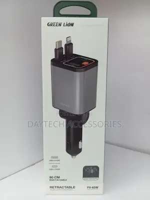 This Is a Green Lion Retractable Cables 45W PD Car Charger in Grey.