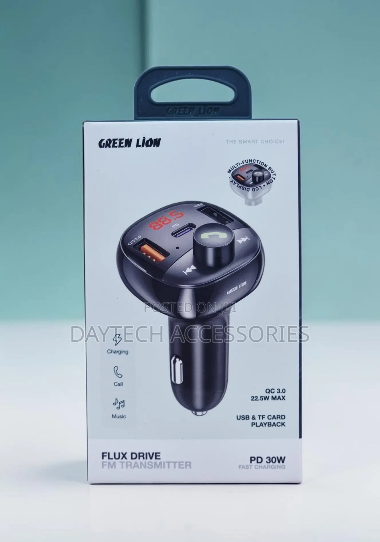 This Is a Green Lion Flux Drive FM Transmitter and Charger in Black