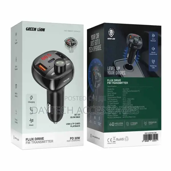 This Is a Green Lion Flux Drive FM Transmitter and Charger in Black
