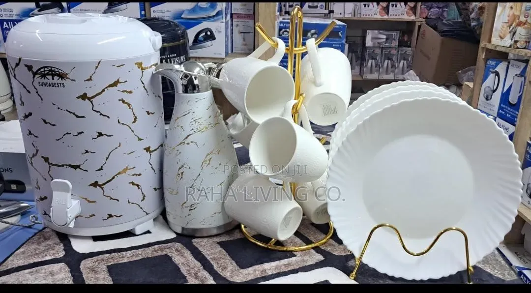Tea Set | Urn Flask Mugs Plates | Black White