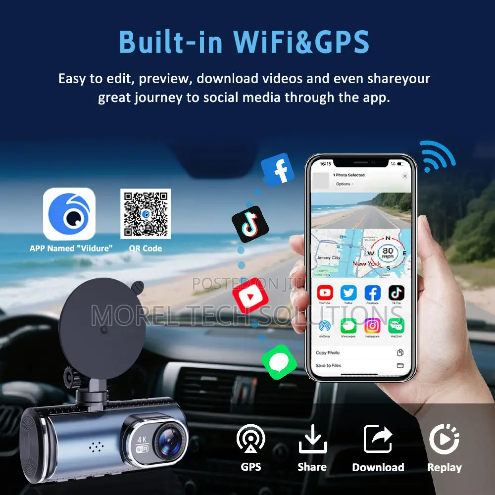 HD Dual Dashcam, WiFi GPS, Front + Rear 2. Smart Night Vision