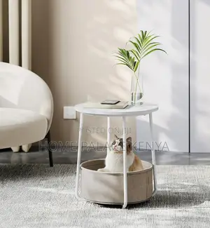 Side Table: Bamboo Top Nightstand With Fabric Basket for Essentials