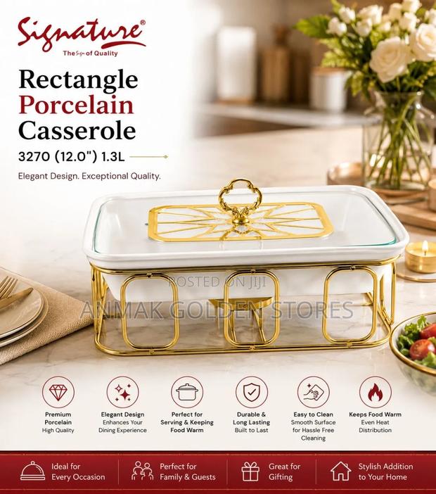 12.0" (1.3 Ltr) Rectangle Ceramic (Porcelain)Casserole With Gold Stand - main view