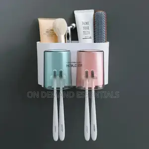 Wall Mounted Toothbrush 2 Cups Holder and Toothpaste Dispenser