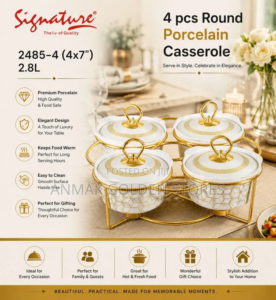 7.0" (2.8 Ltr) 4 PCS Round Ceramic(Porcelain Casserole With Gold Stand